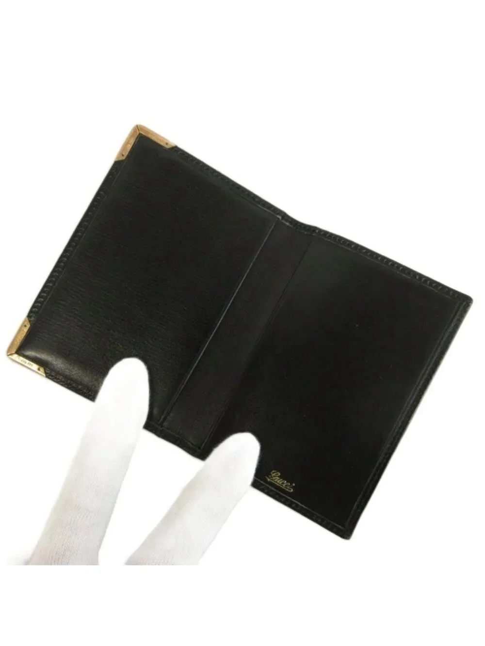 Gucci Vintage Card Case Business Bifold Leather Interlocking G Gold Black